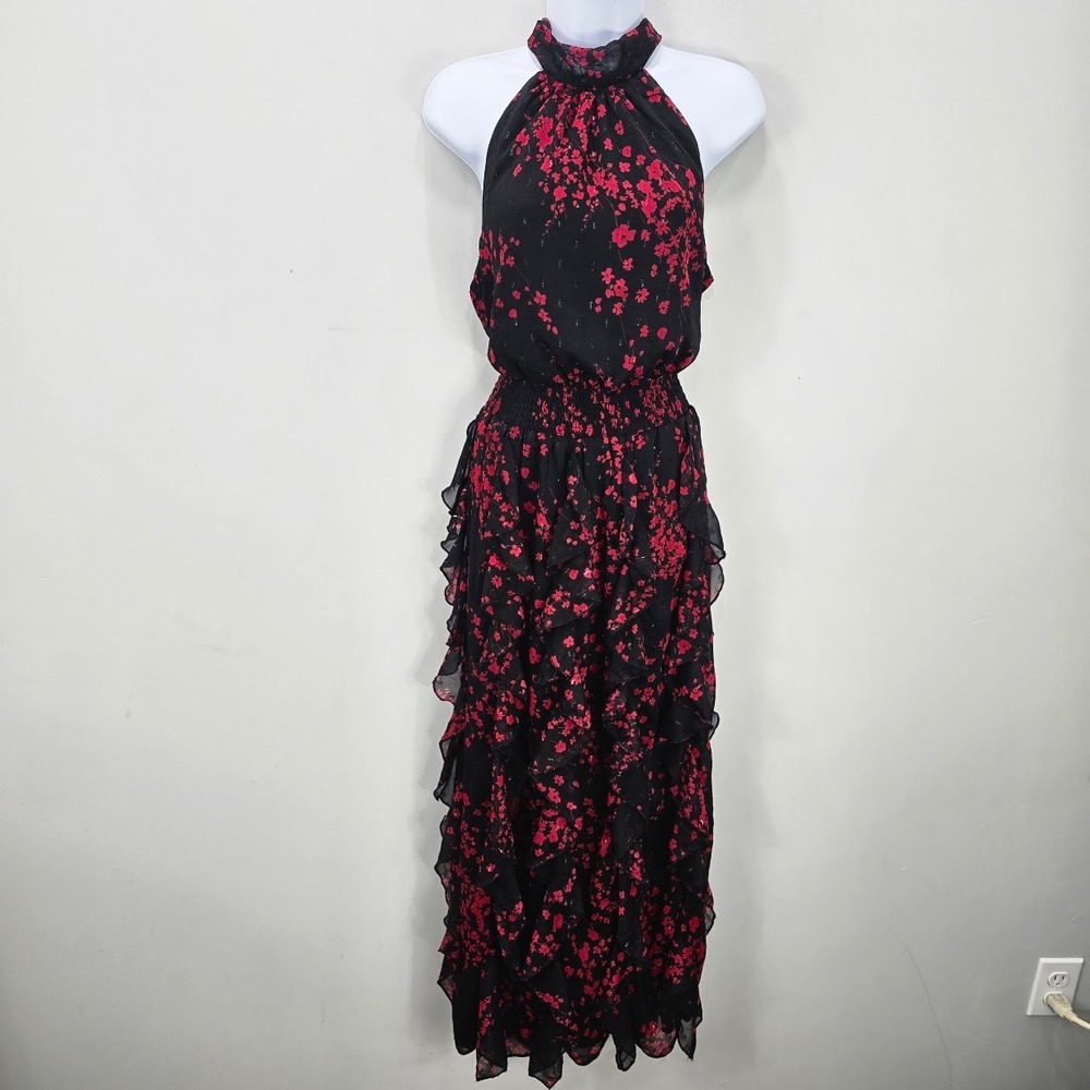 Ruffle Halter Maxi Dress L Black Red Floral Embellished Whimsigoth Fairy HOCO